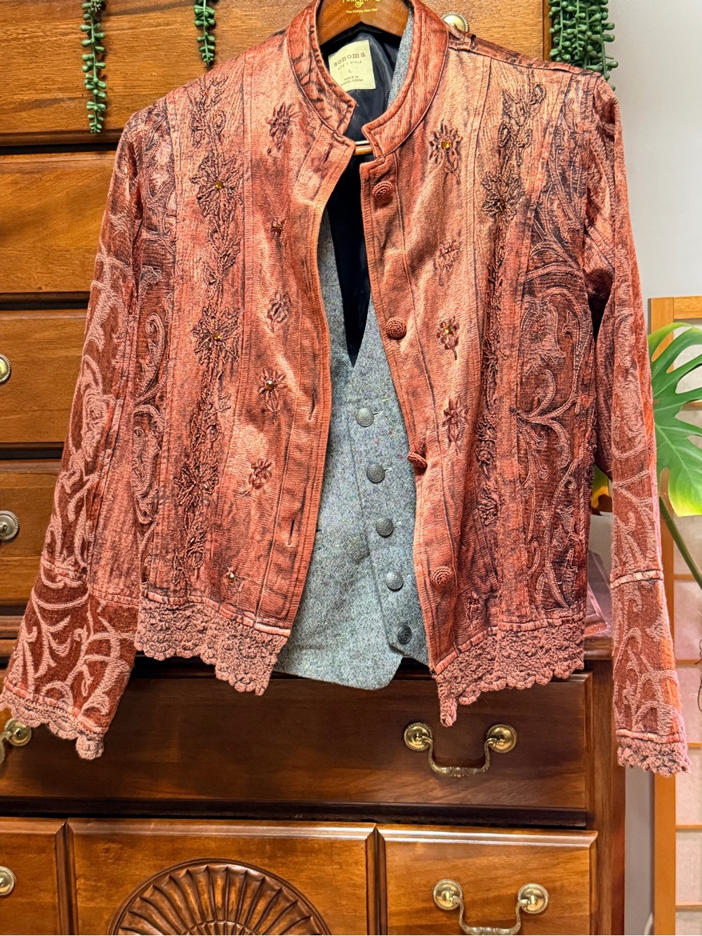 Bohemian Embroidered Coral Jacket with Lace Trim